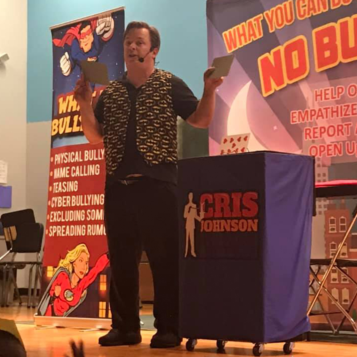 School assembly performer Cris Johnson at a bully prevention school assembly